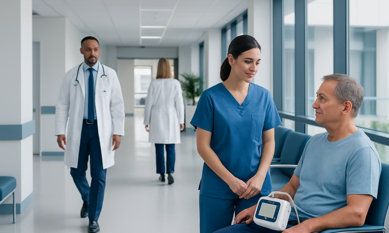 Healthcare professionals in a hospital corridor with a patient receiving treatment.