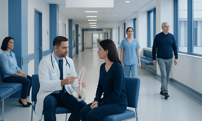Doctor explaining spinal anatomy to a patient in a hospital corridor.