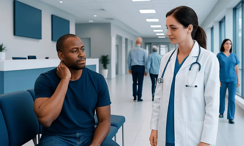 Patient consulting with a doctor in a hospital corridor.
