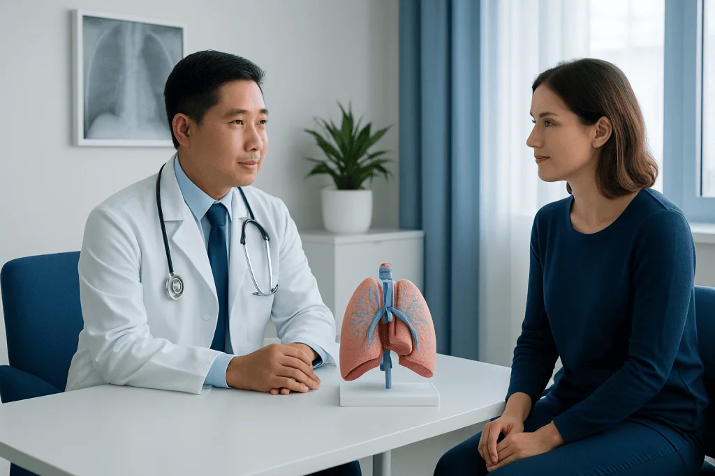 Doctor explaining lung anatomy to patient in a consultation room.