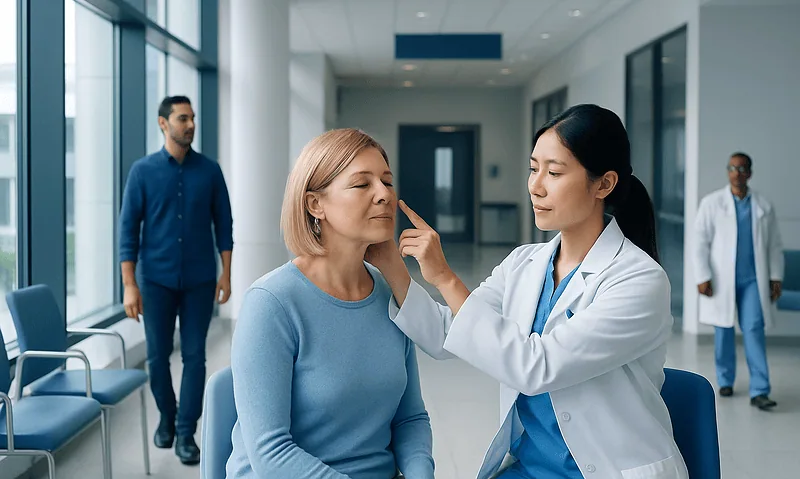 Medical professional examines woman's face in hospital corridor.