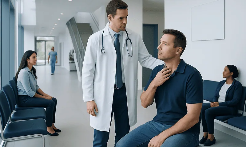 Throat Cancer Screening: How It Works, Results and What to Expect 4 Doctor examining a patient's throat in a hospital waiting area.