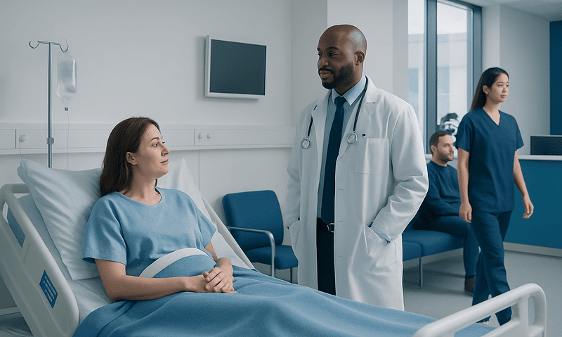 Doctor consulting patient in hospital room for thrombocytopenia treatment.