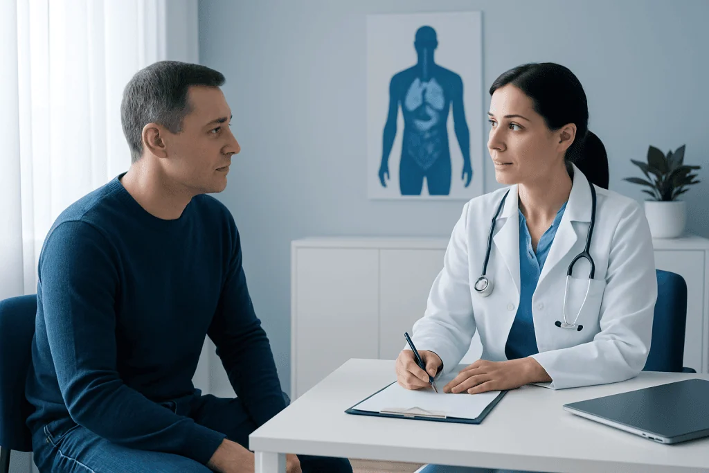 Doctor consulting with patient about thymus tumor treatment options.