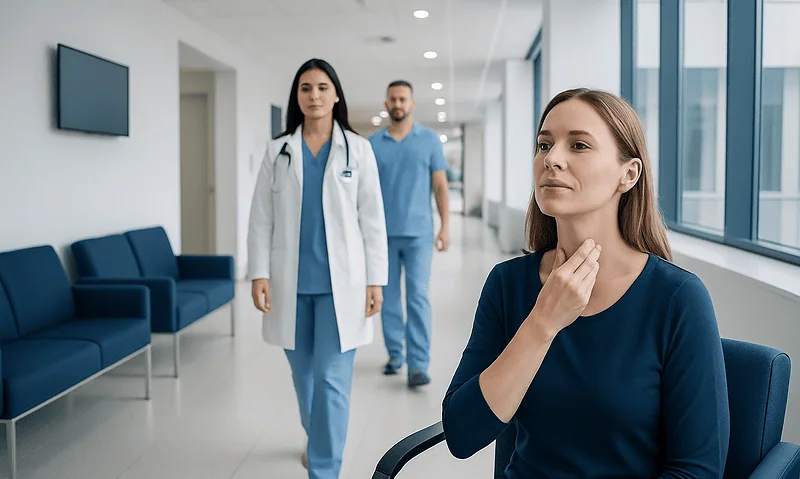 Patient experiencing neck discomfort in a hospital corridor with medical staff nearby.