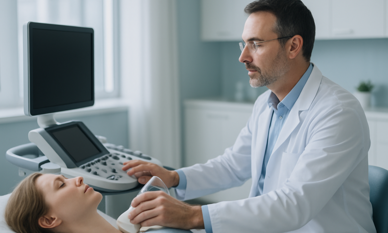 Doctor performing thyroid ultrasound on a patient in a clinical setting.