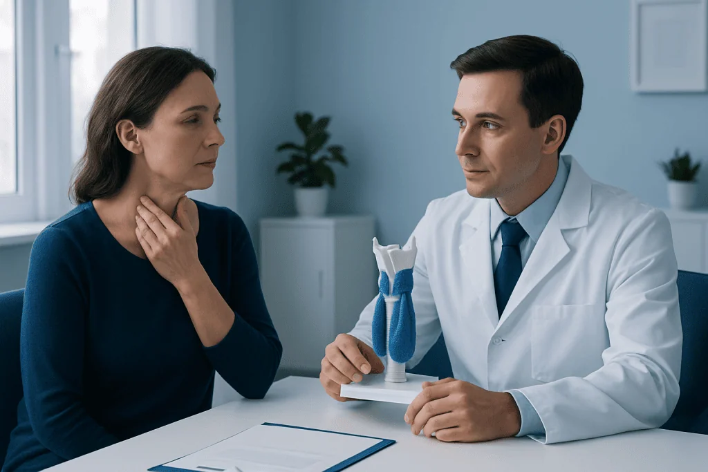 Doctor explaining thyroid removal procedure to a patient in consultation.
