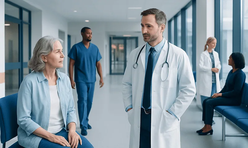 Thyrotoxicosis vs Thyroid Storm: Recognizing the Difference 4 Doctor consulting elderly woman in hospital corridor with staff in background.