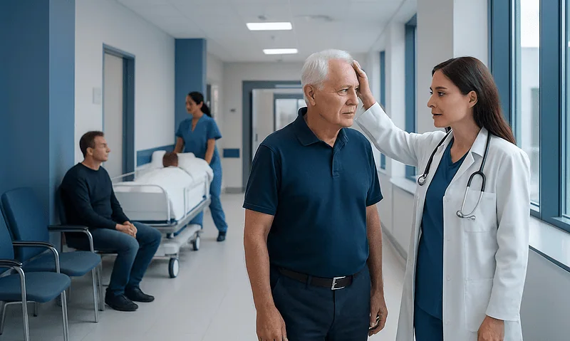 Doctor examining an elderly male patient in hospital corridor.