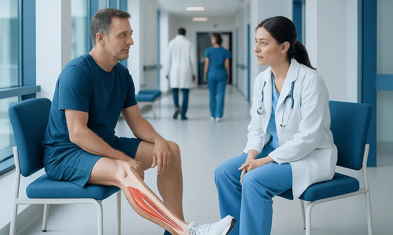 Doctor consulting patient about leg injury in hospital corridor.