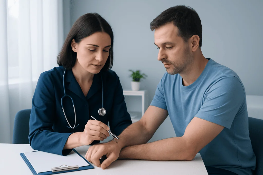 Doctor examining patient's arm in a medical consultation room.
