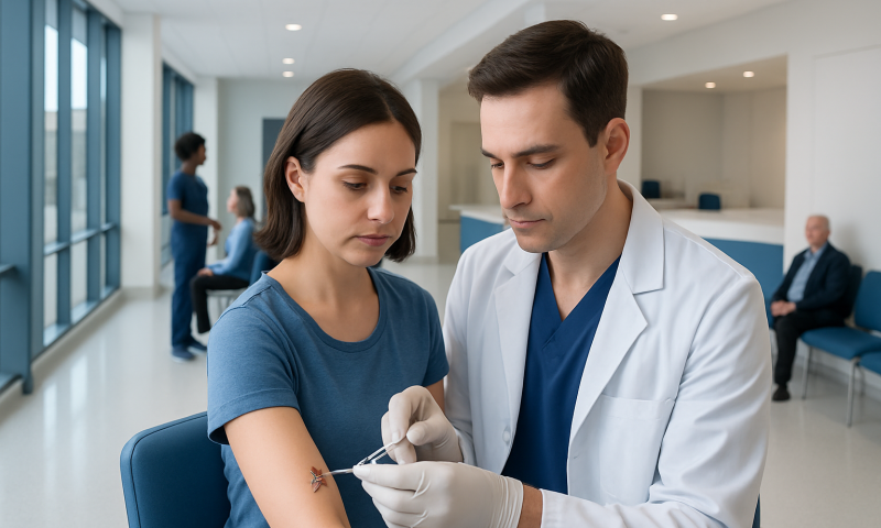 Doctor administering a vaccine to a young woman in a hospital corridor.