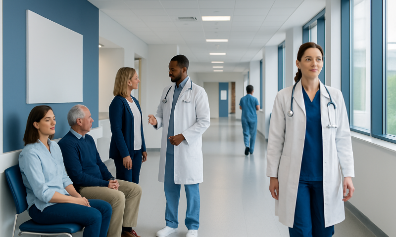 Medical professionals consulting with patients in a hospital corridor.