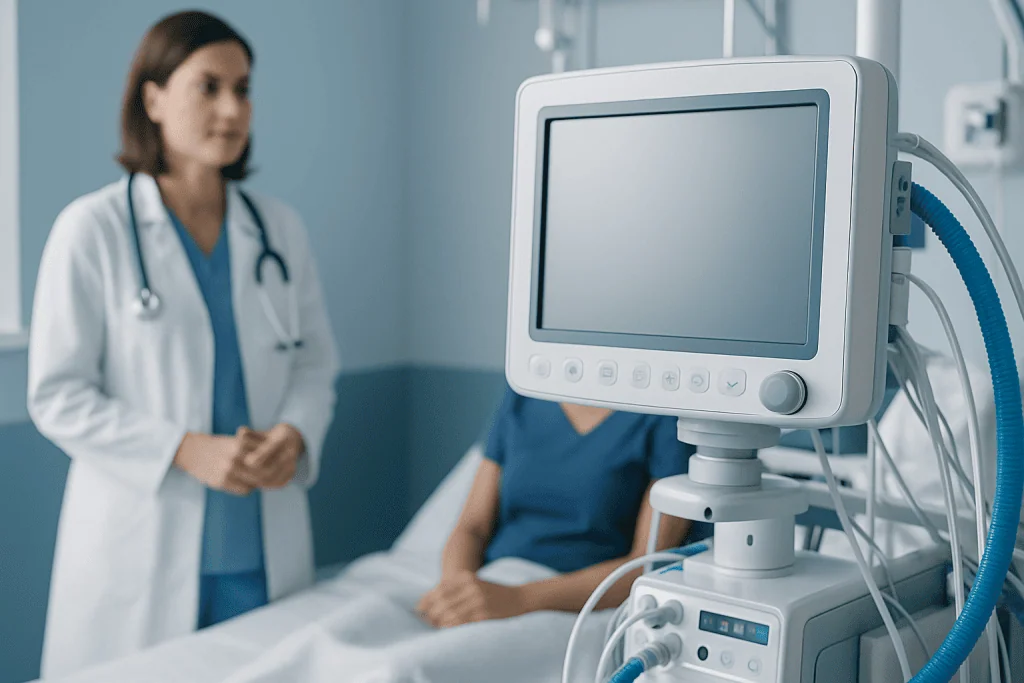 Doctor and patient in hospital room with medical monitor.