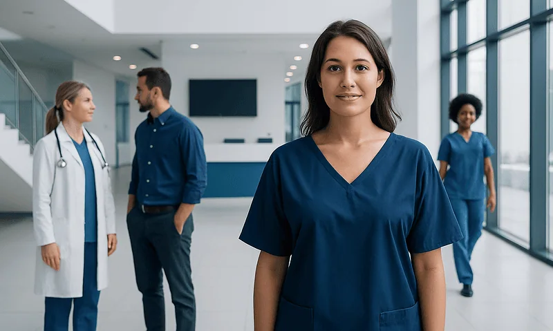 Healthcare professionals in a modern hospital lobby with a focus on a young nurse.