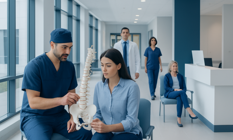 Medical professionals discussing spine anatomy in a hospital corridor.