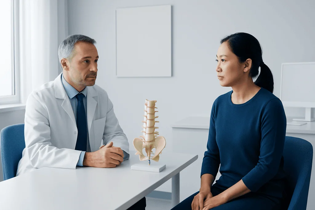 Doctor explaining spinal anatomy to a patient in a consultation room.