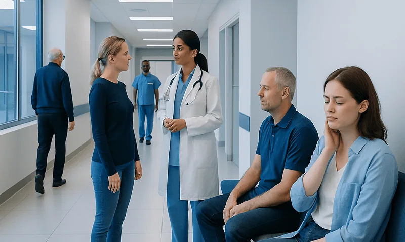 Tmd vs Tmj: Key Differences and How Doctors Tell Them Apart 6 Medical consultation at Acibadem Hospital with doctor and patients in hallway.