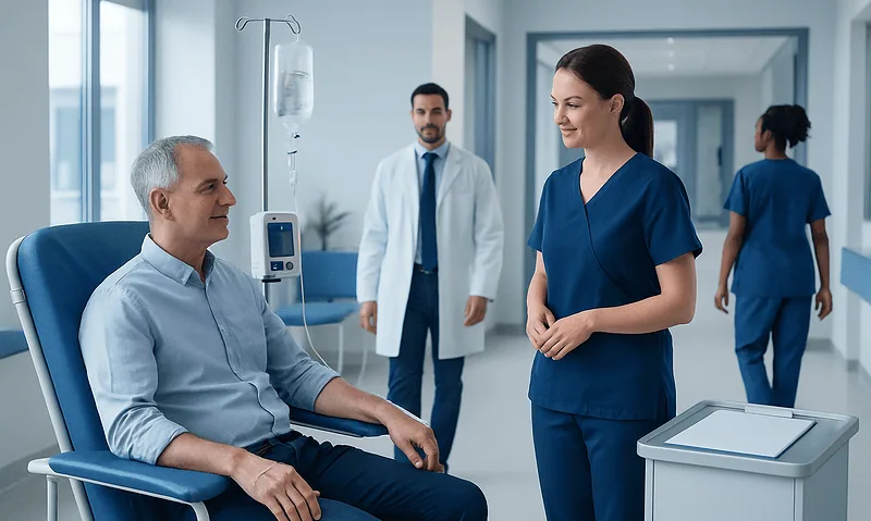 Healthcare professionals and patient in hospital corridor with IV drip.
