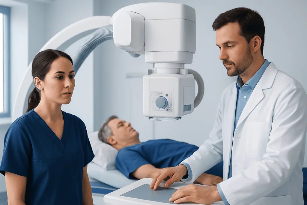 Medical professionals perform a diagnostic scan on a patient in a hospital.