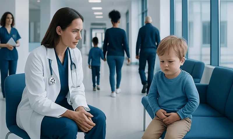 Pediatric doctor consulting a young boy in a hospital corridor.