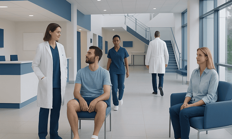 Patients and medical staff in a modern hospital waiting area.