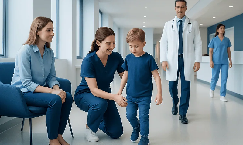 Pediatric doctor assisting a young boy in a hospital corridor.