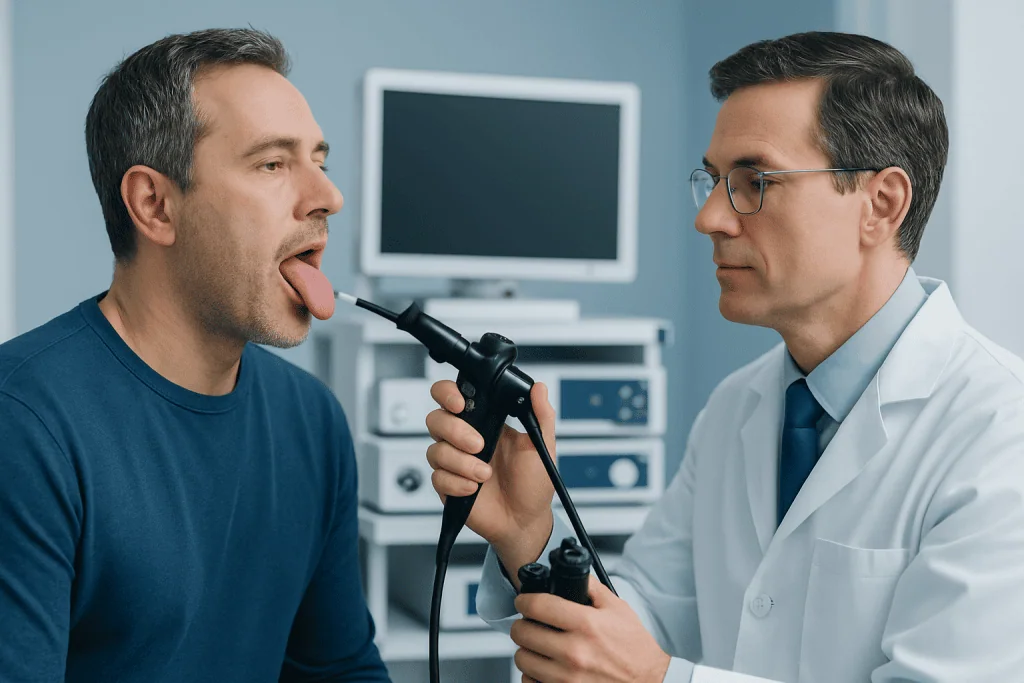 Doctor examines patient's throat using an endoscope in a medical clinic.