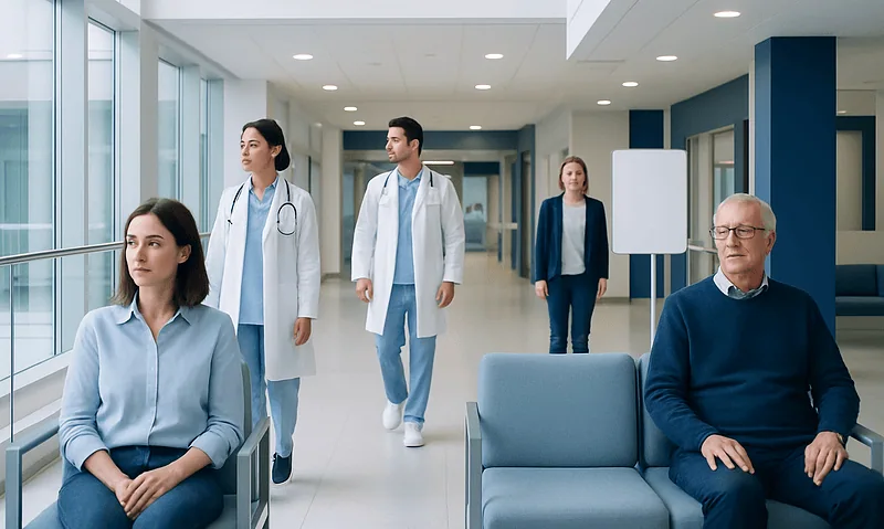 Hospital waiting area with medical staff and patient.