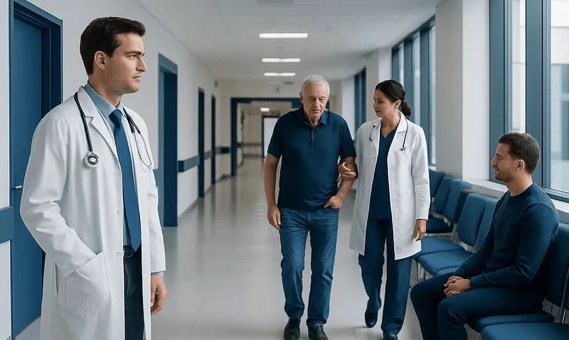 Medical professionals assisting a patient in a hospital corridor.