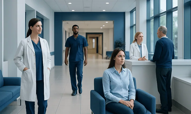 Medical staff and patient in hospital corridor at Acibadem Hospitals Group.