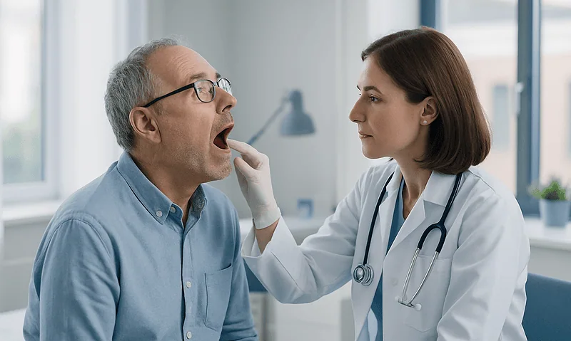 ENT specialist examining patient's throat for tonsil stones or infection.