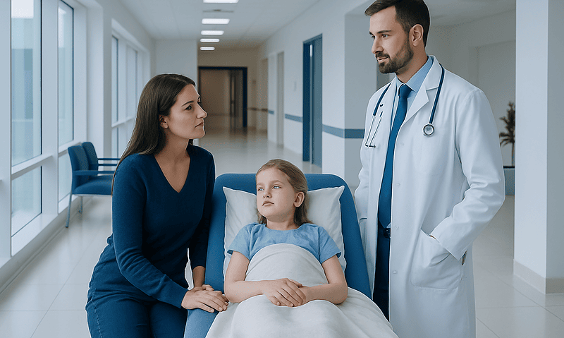 Tonsillectomy Recovery Kids: An Evidence-Based Patient Guide 6 Doctor consulting with young girl and her mother in hospital corridor.