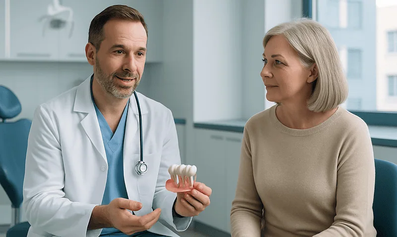 Dentist explaining dental implant options to an older woman in a clinic.
