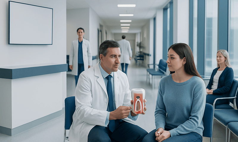 Doctor explaining dental implant to patient in hospital corridor.