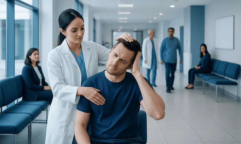 Doctor examining a patient's neck in a hospital corridor.