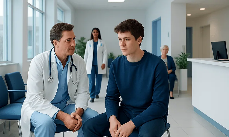Doctor consulting with a young male patient in a hospital waiting area.