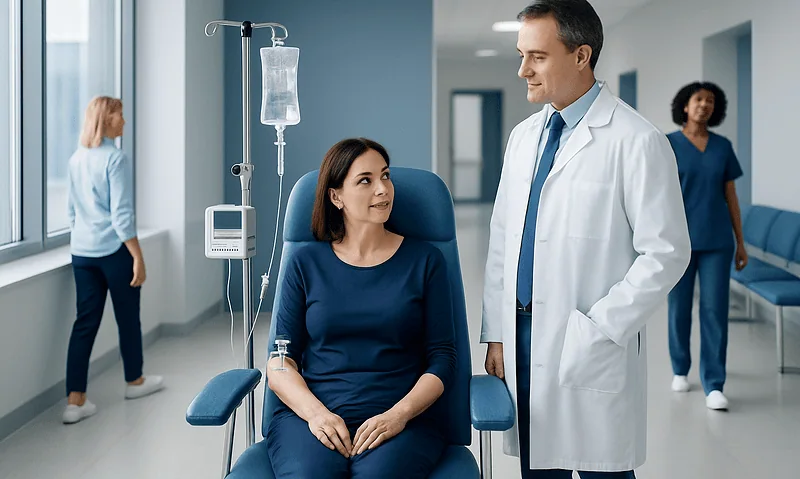 Patient receiving IV therapy in a hospital setting with medical staff nearby.