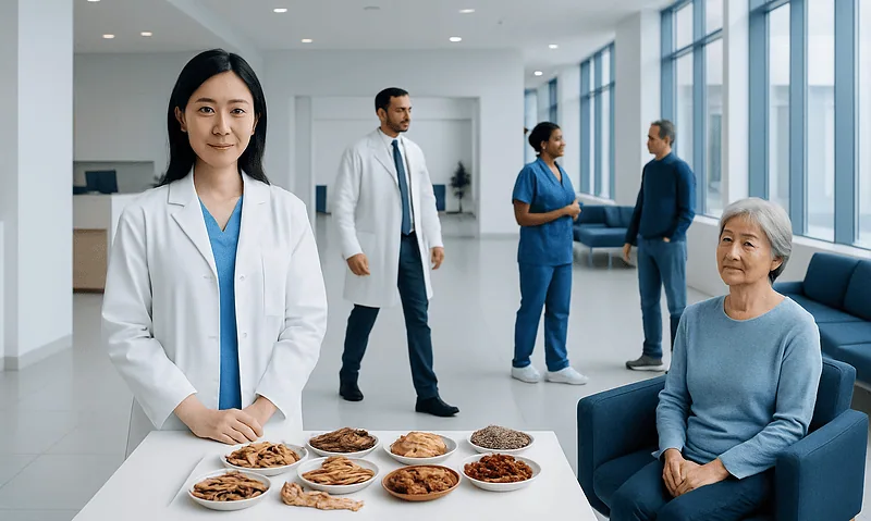 Medical professionals and a patient in a hospital corridor with traditional Chinese herbs on a table.