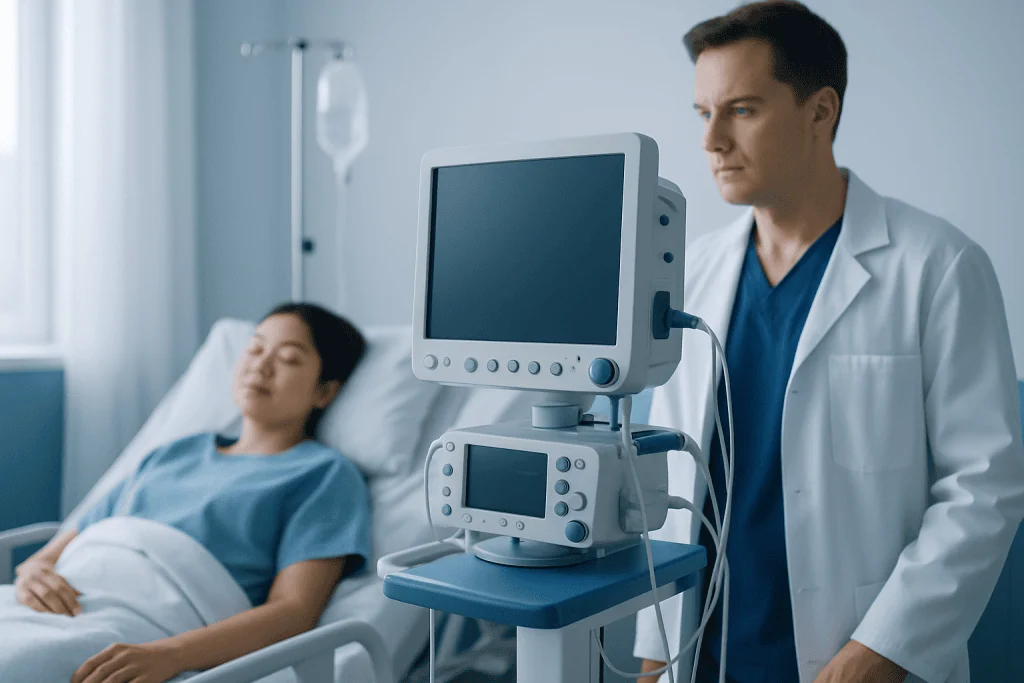 Doctor monitoring patient with medical equipment in hospital room.