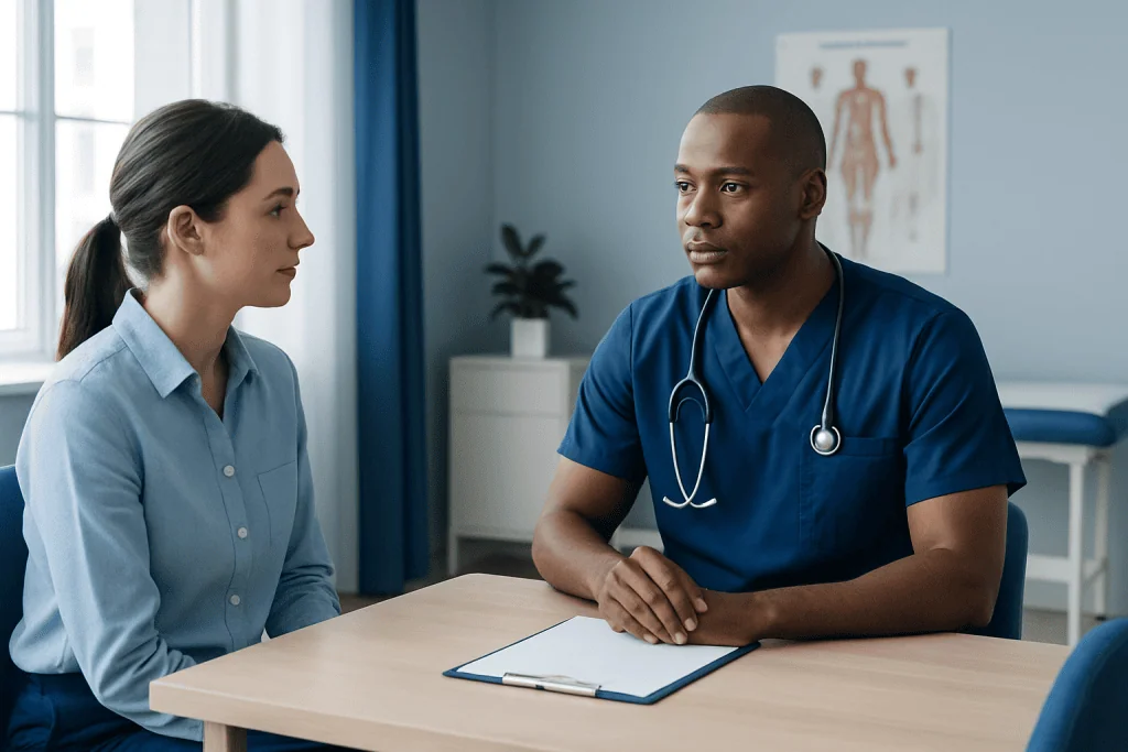 Doctor consulting with a patient in a medical office setting.