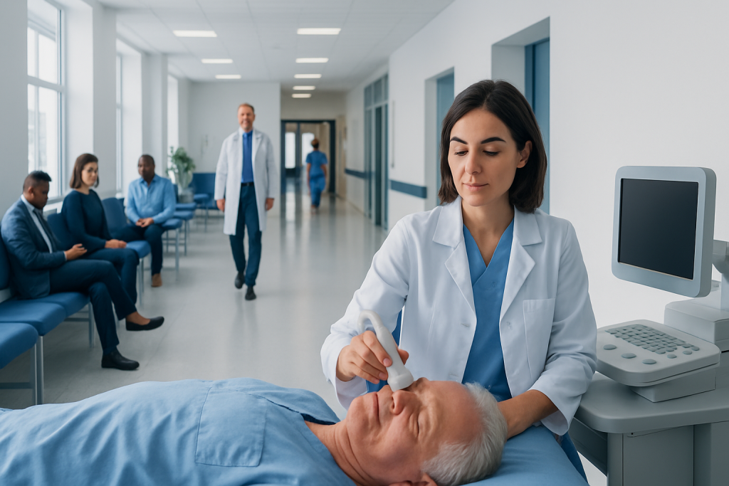 Transcranial Ultrasound: Preparation, Procedure and Results 1 Doctor performing a medical procedure on an elderly patient in hospital corridor.