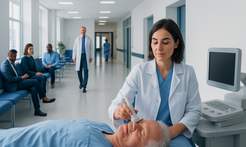 Doctor performing a medical procedure on an elderly patient in hospital corridor.