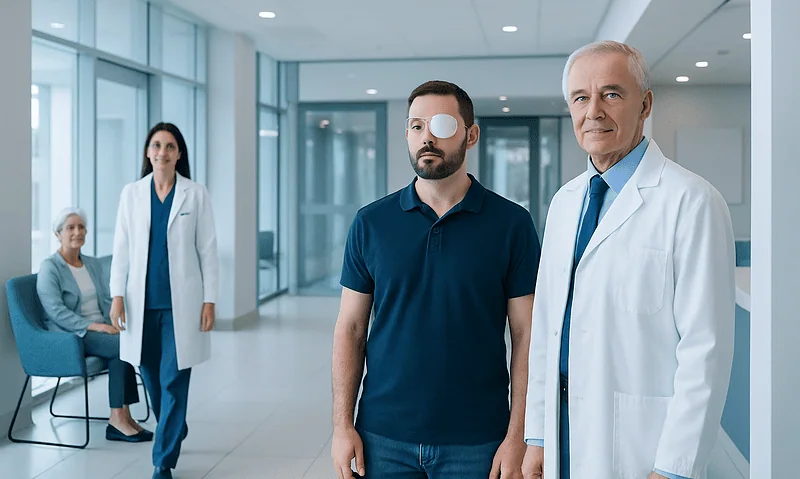 Patient with eye injury consulting with medical professionals at hospital.