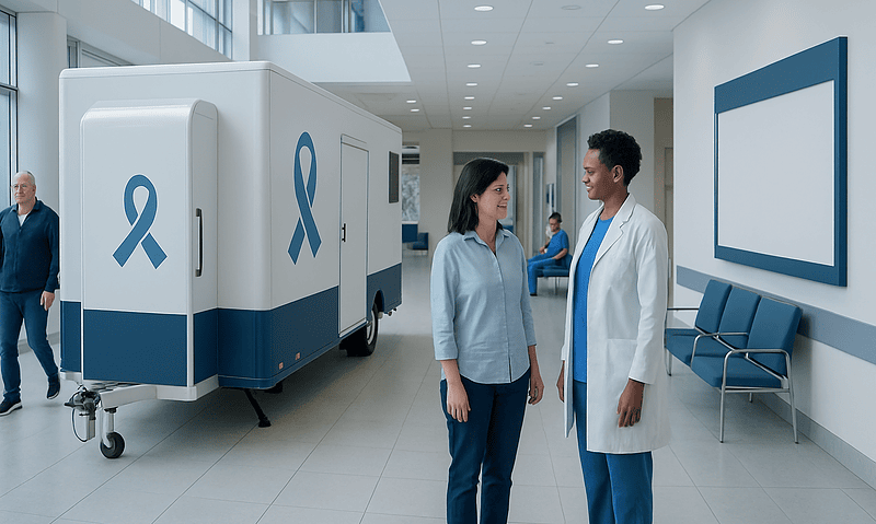 Mobile breast cancer screening unit at Acibadem Hospital with medical staff.