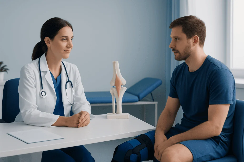 Doctor explaining knee injury to patient with knee model in clinic.