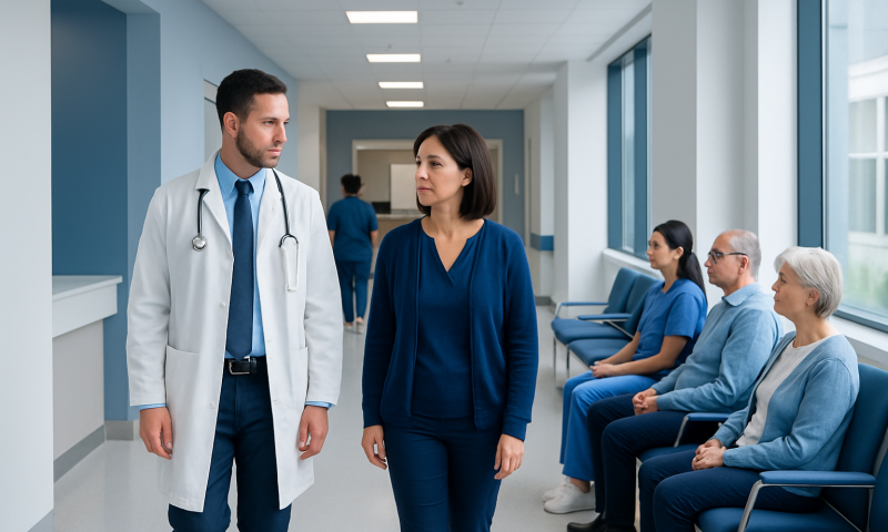 Doctor and nurse discussing patient care in hospital corridor.