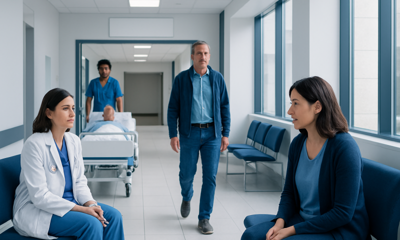 Medical team discussing patient care in hospital corridor.