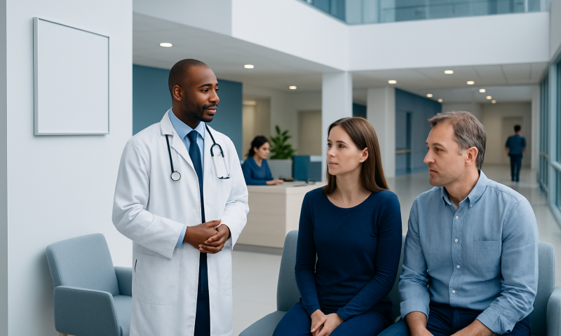 Doctor consulting with patients in a modern hospital lobby.