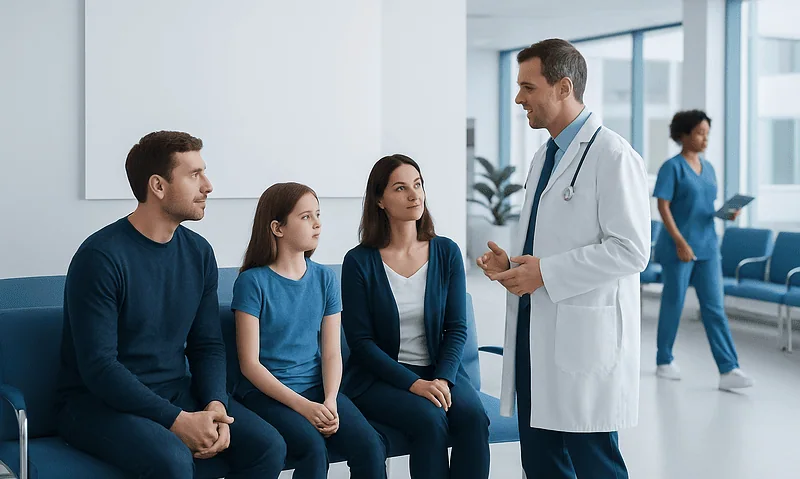 Doctor consulting with a family in a hospital waiting area.